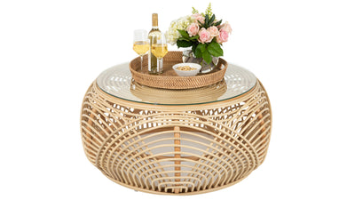 Sibago Rattan Coffee Table with Glass Top, Natural Color