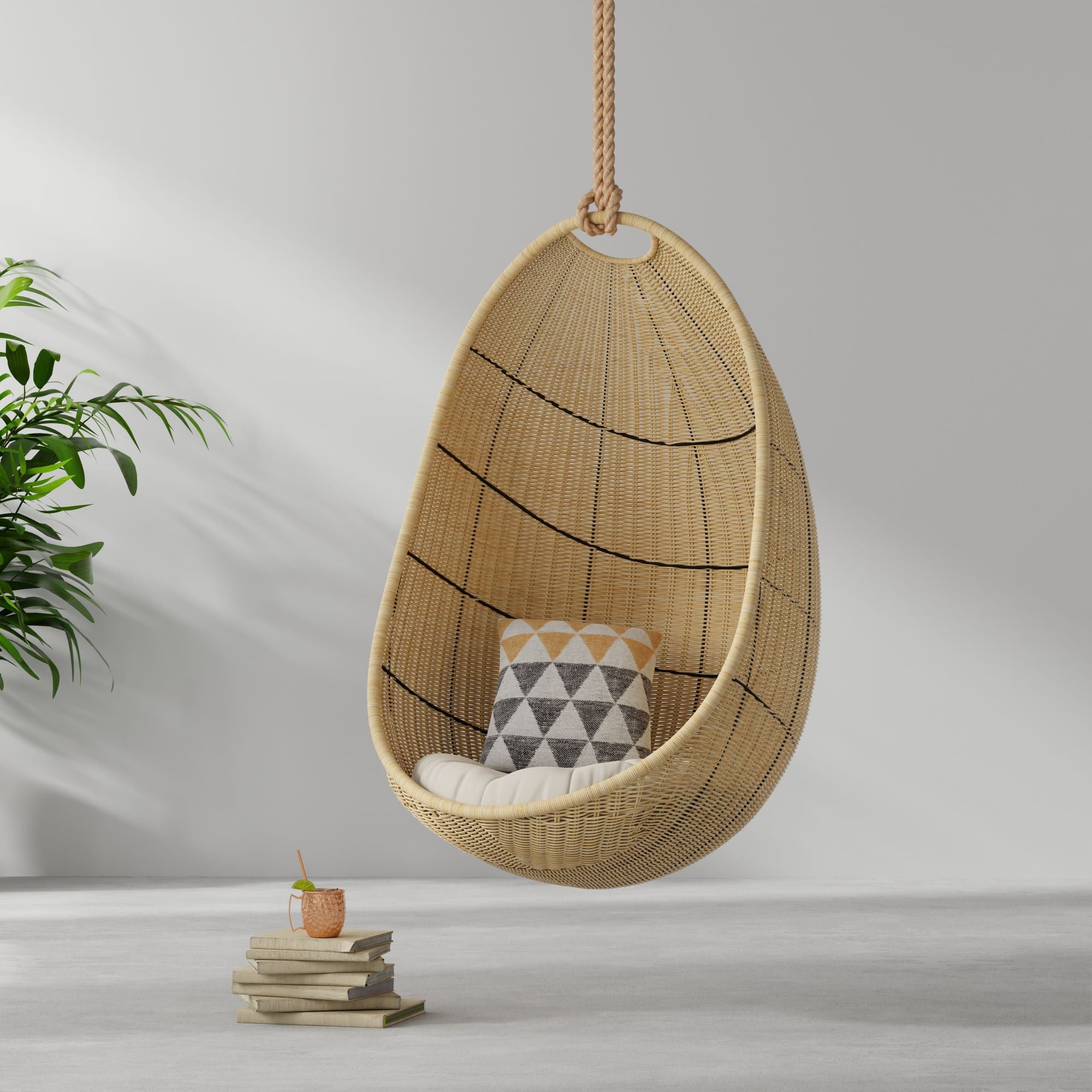 Cocoon Wicker Hanging Swing Chair with Seat Cushion, Natural Color