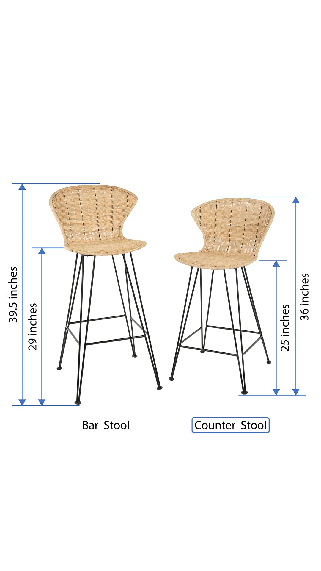 Jaro Rattan Counter Stool with Metal Legs, Natural Color & Black