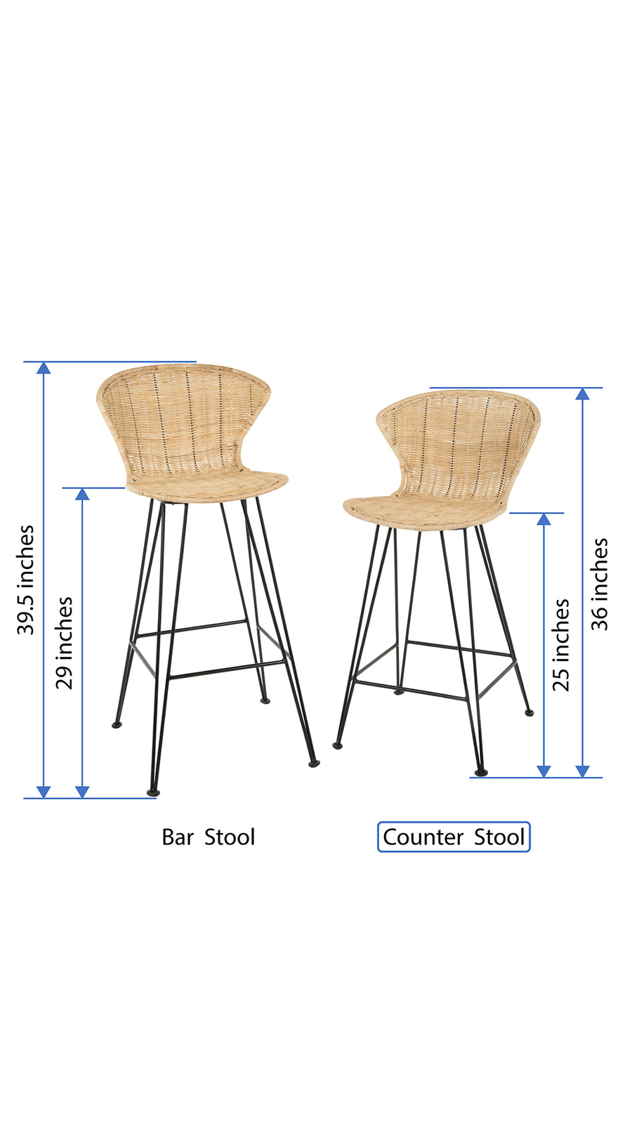 Jaro Rattan Counter Stool with Metal Legs, Natural Color & Black