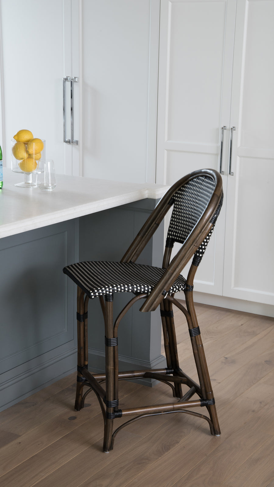 Rattan Bistro Bar Stool, Antique Brown with Black & White Weave