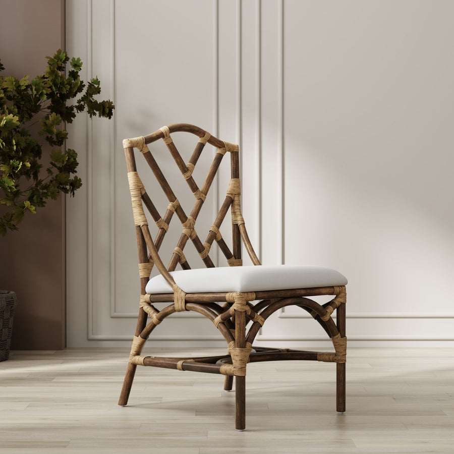 Rattan Chippendale Upholstered Dining Chair, Antique Brown, Set of 2 Chairs