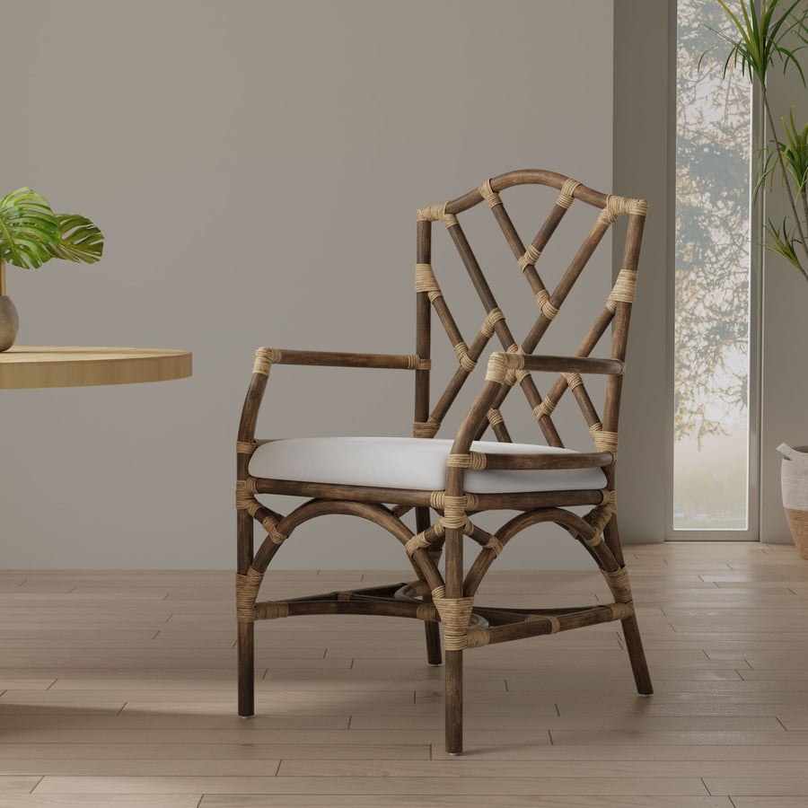 Rattan Chippendale Upholstered Dining Armchair, Antique Brown, Set of 2 Chairs