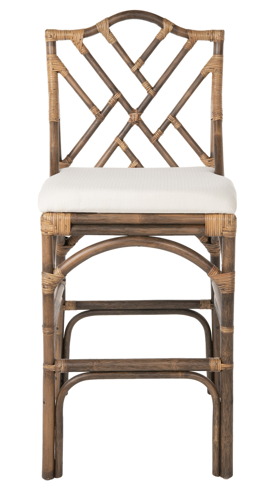 Chippendale Rattan Barstool, Antique Brown and Off-White Upholstery