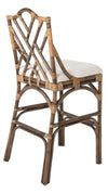 Chippendale Rattan Barstool, Antique Brown and Off-White Upholstery
