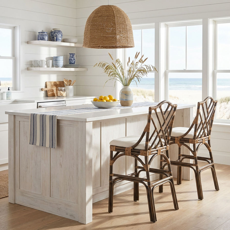 Chippendale Rattan Barstool, Antique Brown and Off-White Upholstery