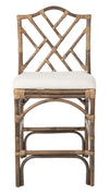Chippendale Rattan Counter Stool, Antique Brown and Off-White Upholstery