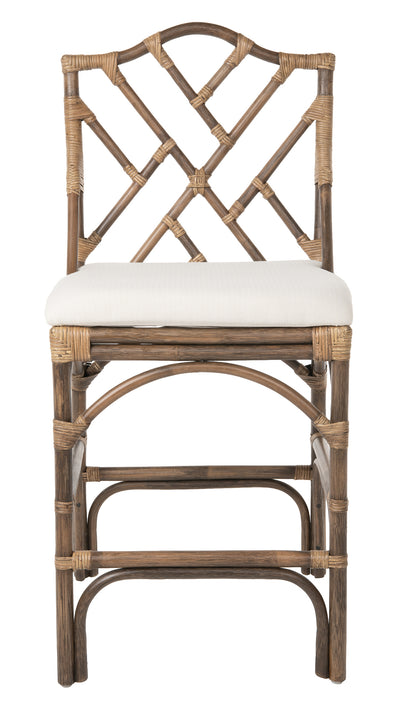 Chippendale Rattan Counter Stool, Antique Brown and Off-White Upholstery