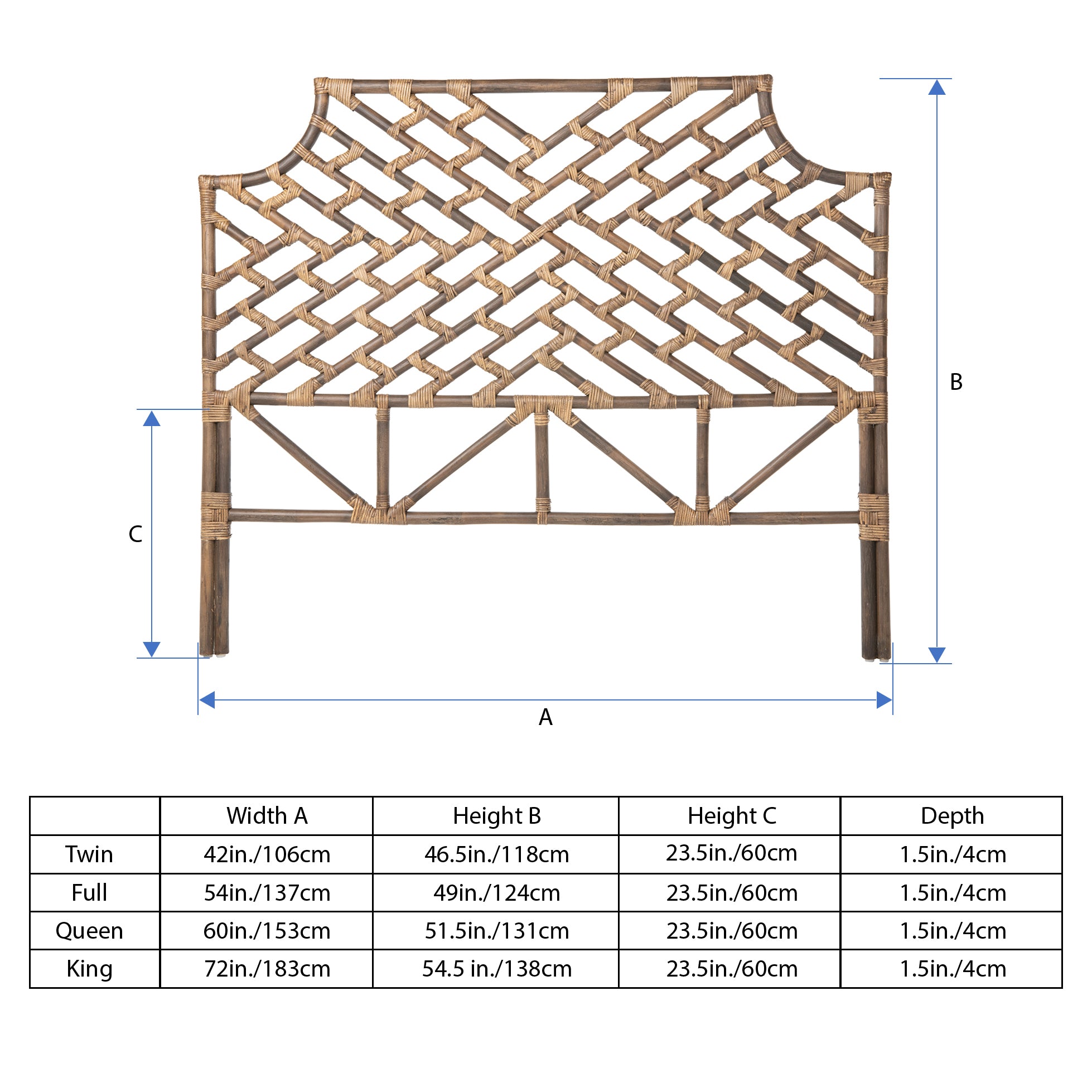 Rattan Chippendale Headboard, Antique Brown