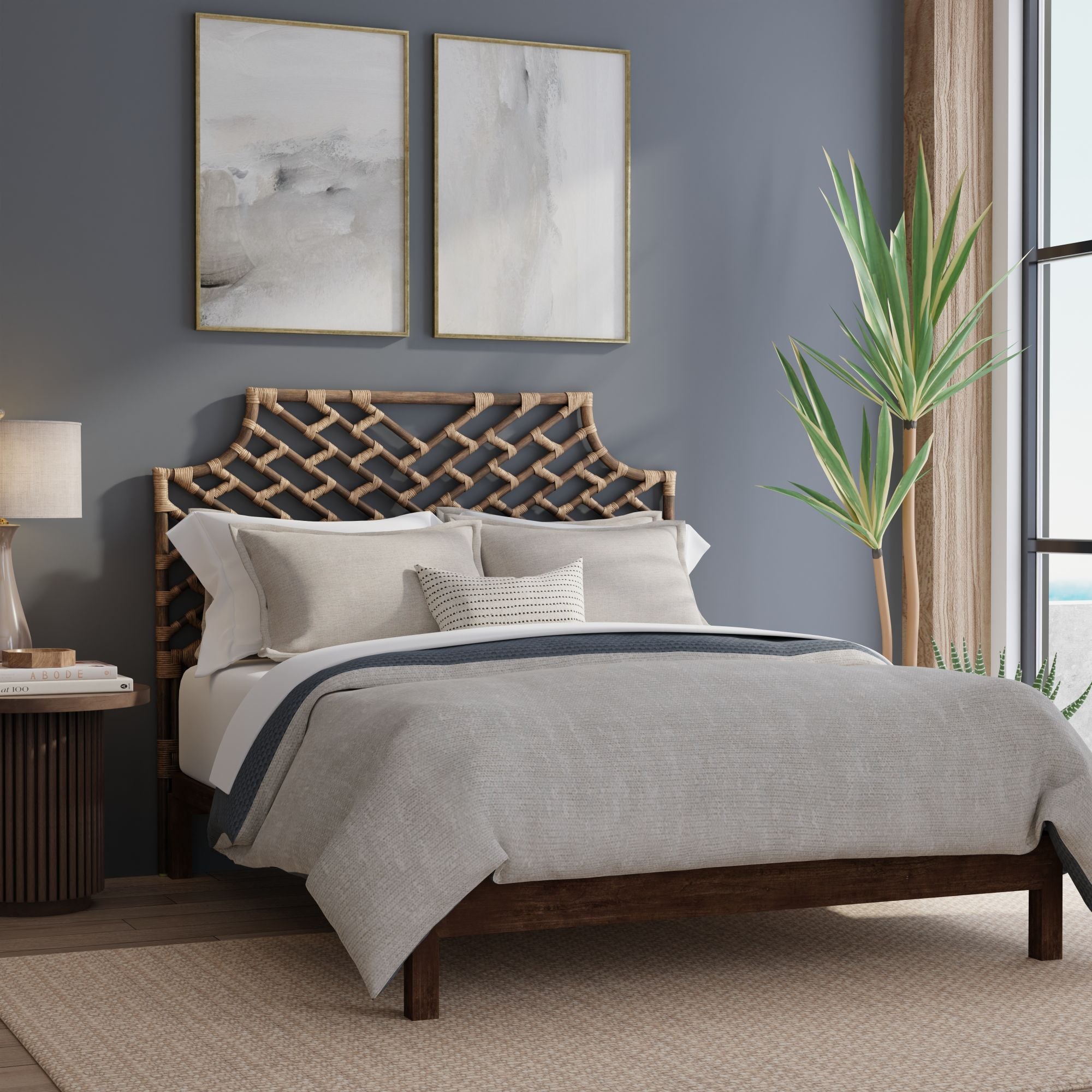 Rattan Chippendale Headboard, Antique Brown