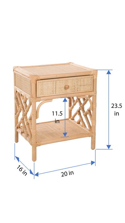 Rattan Chippendale Bedside Table, Natural