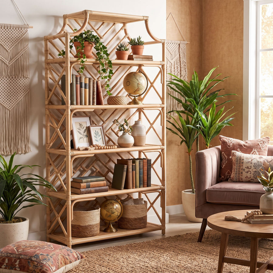 Rattan Chippendale Bookshelf, Natural