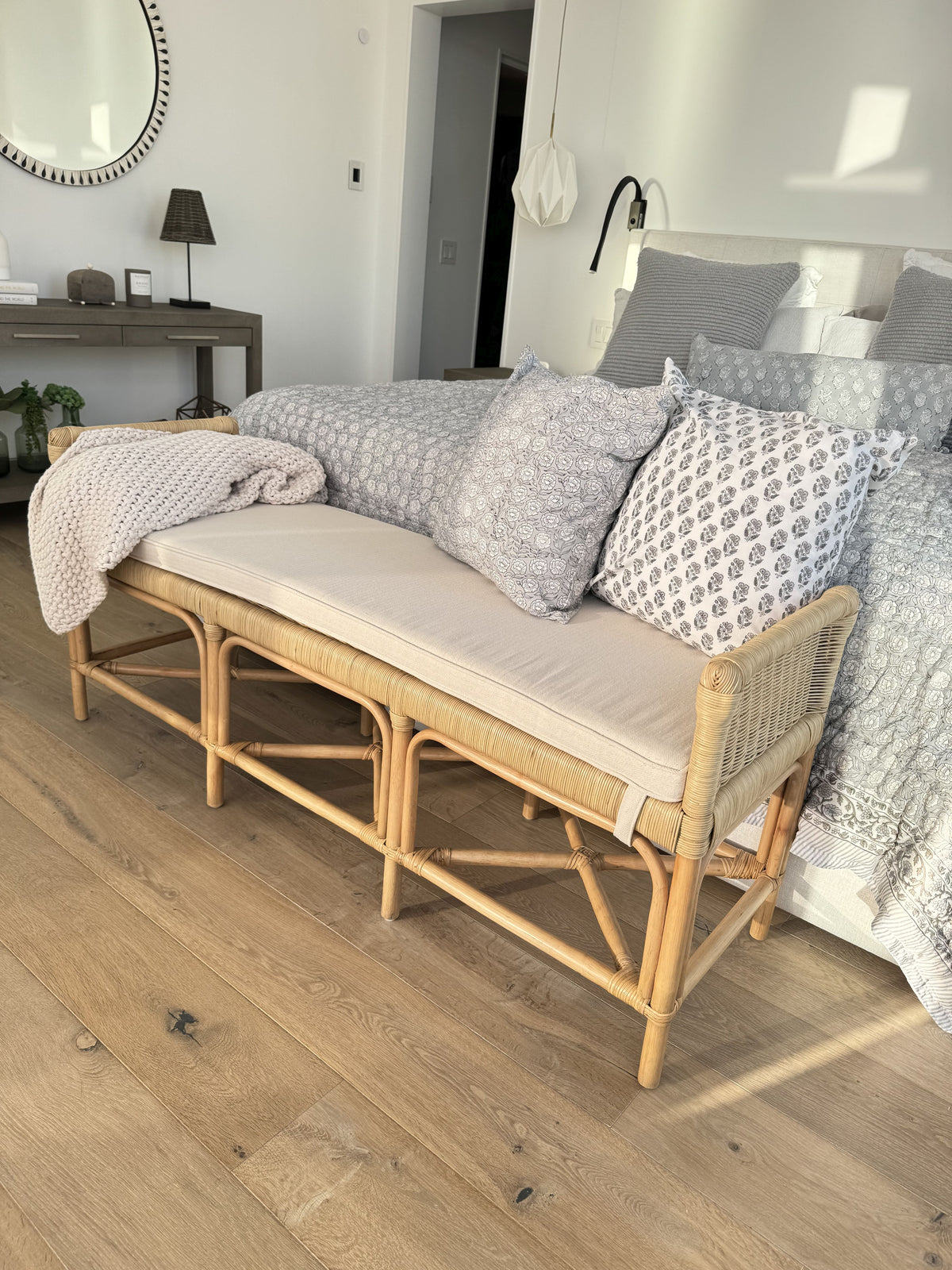 Rattan Sandbar Bench with Seat Cushion, Natural Color Kouboo