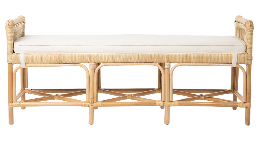 Kouboo Natural Rattan Sandbar Bench With White Seat Cushion Sideview