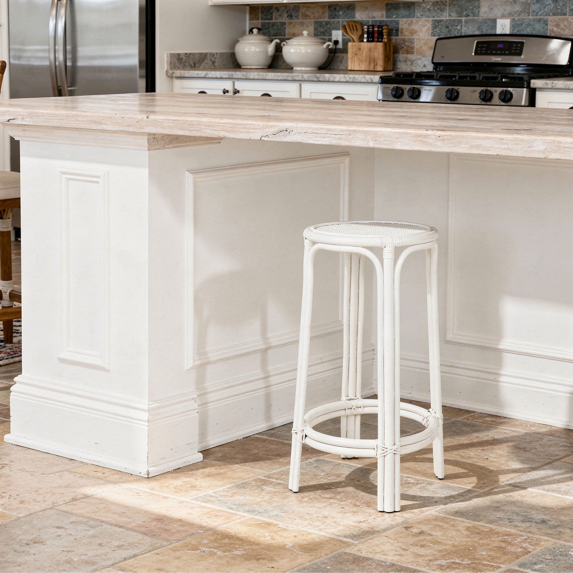 Rattan Lattice Backless Bar Stool, White
