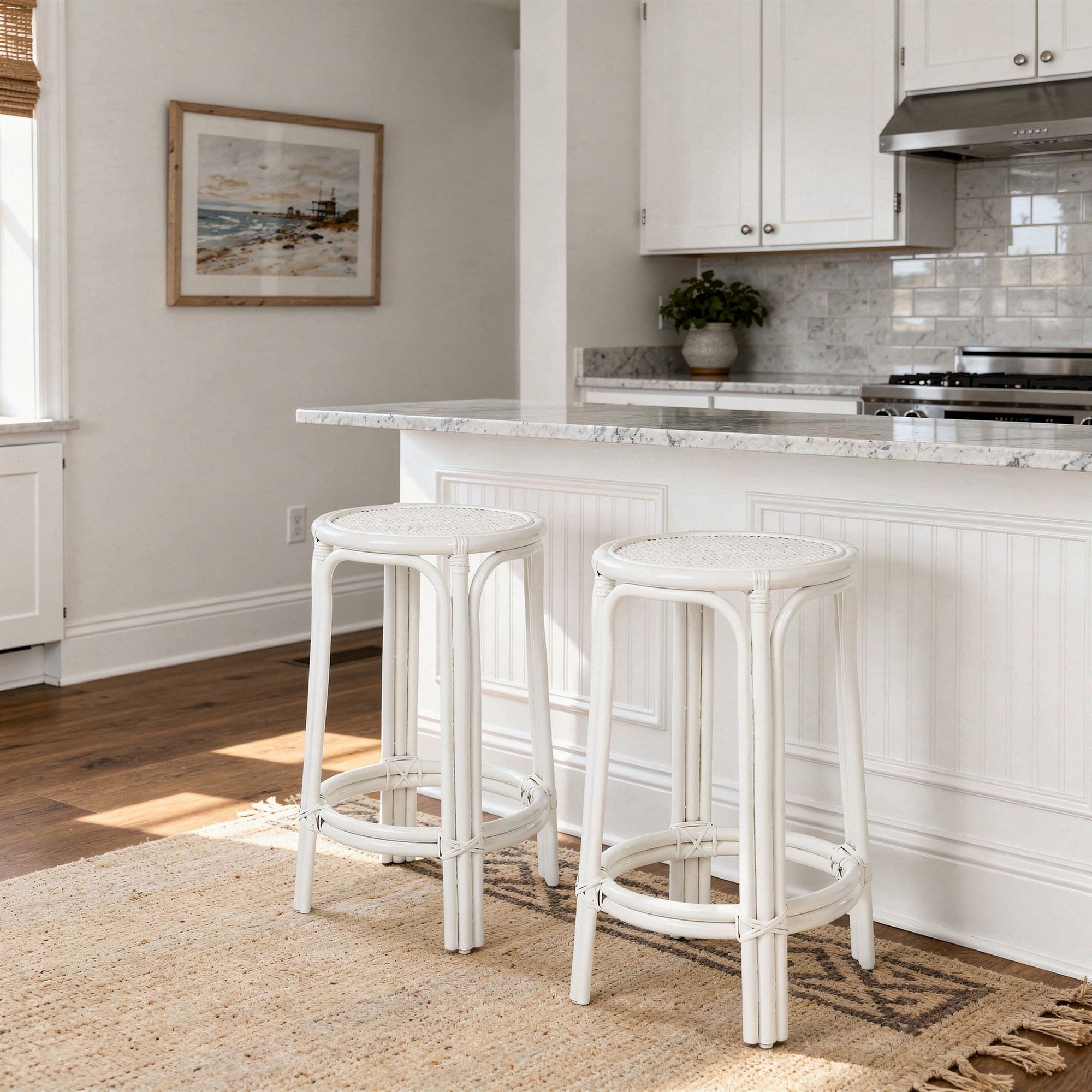 Rattan Lattice Backless Counter Stool, White