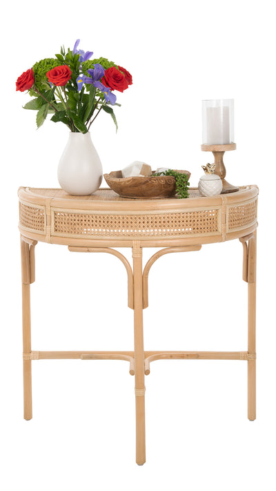 Rattan Cane Half-Moon Semi-Circular Console or End Table, Natural