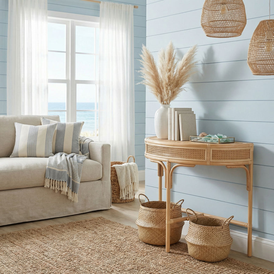 Rattan Cane Half-Moon Semi-Circular Console or End Table, Natural