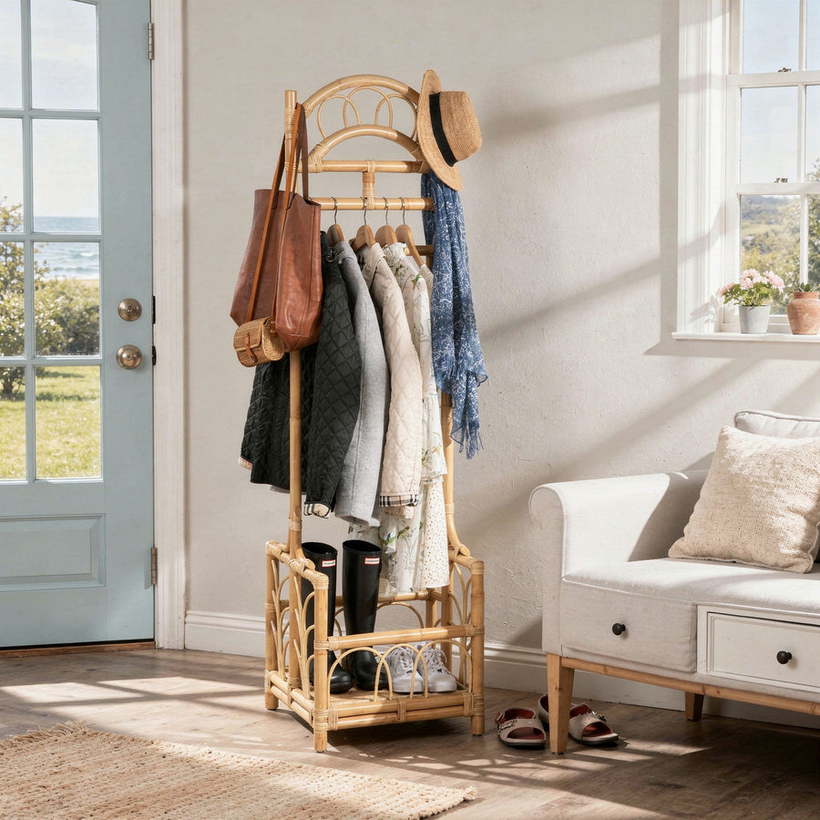 Rattan Freestanding Coat Rack with Shoe Shelf, Natural