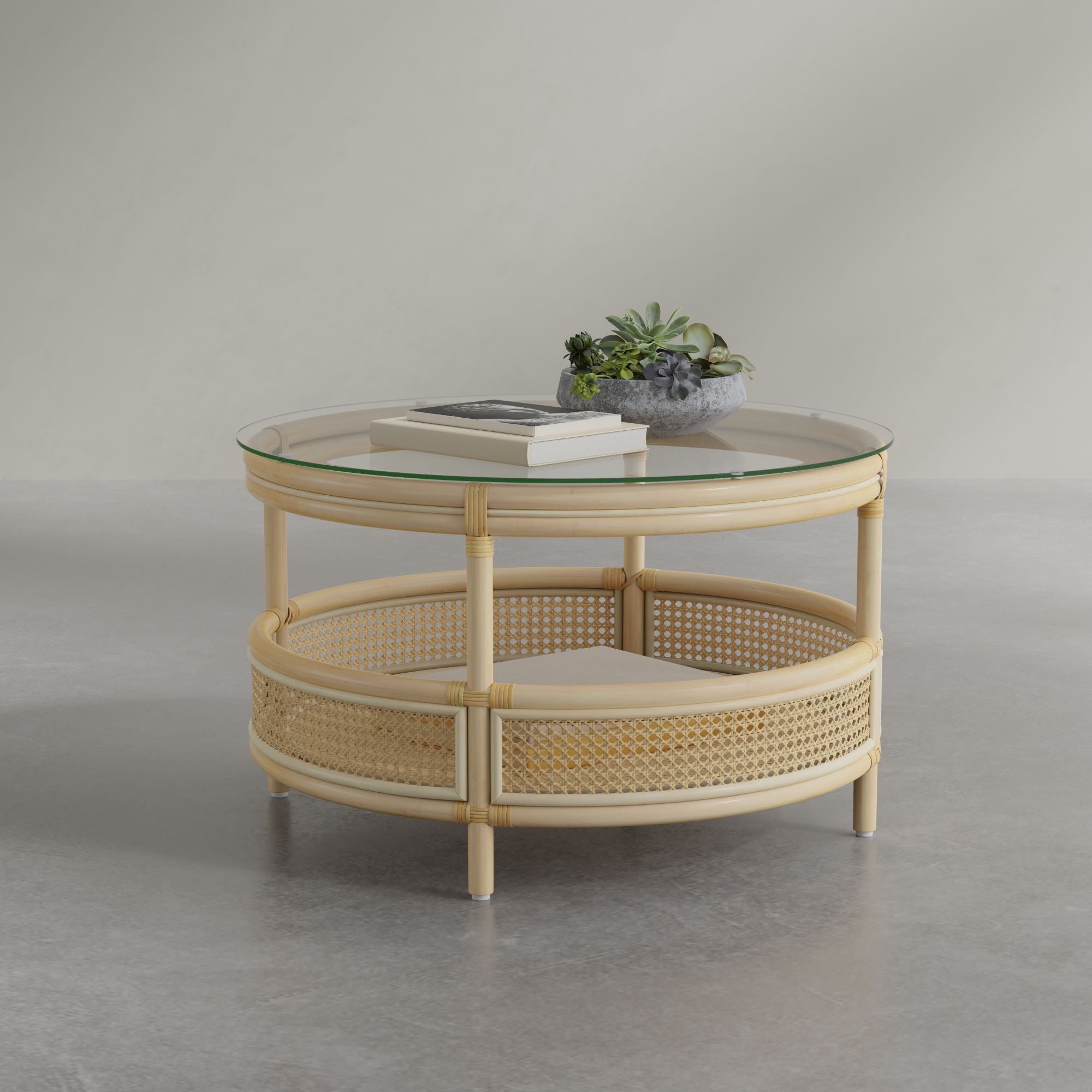 Latitude Rattan Cane Round 2-Tier Open Shelf Coffee Table with Glass Top, Natural