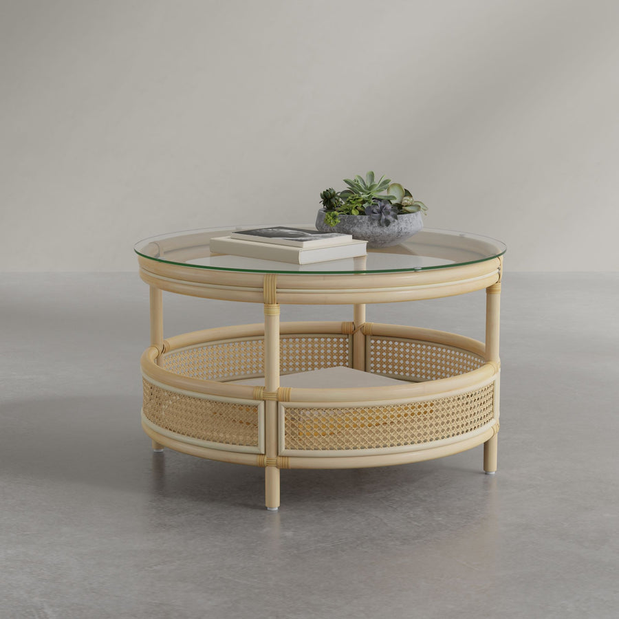 Latitude Rattan Cane Round 2-Tier Open Shelf Coffee Table with Glass Top, Natural