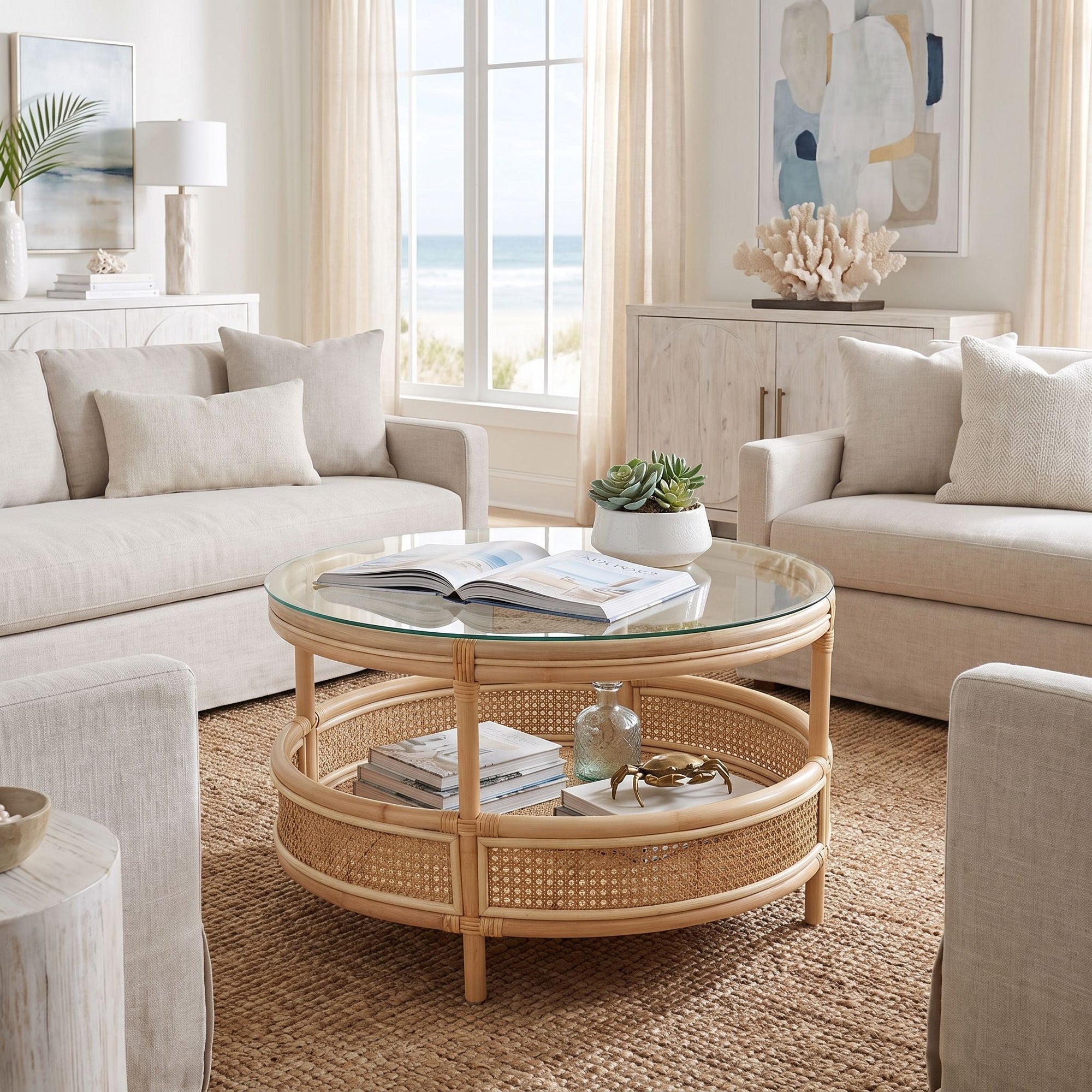 Latitude Rattan Cane Round 2-Tier Open Shelf Coffee Table with Glass Top, Natural