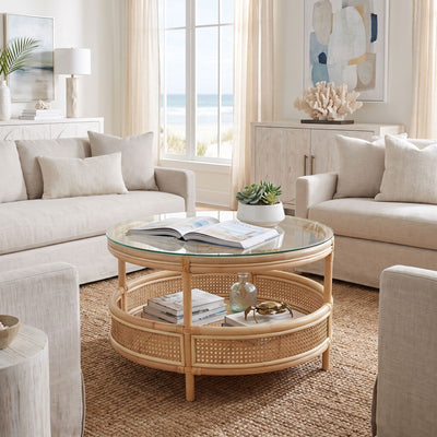 Latitude Rattan Cane Round 2-Tier Open Shelf Coffee Table with Glass Top, Natural