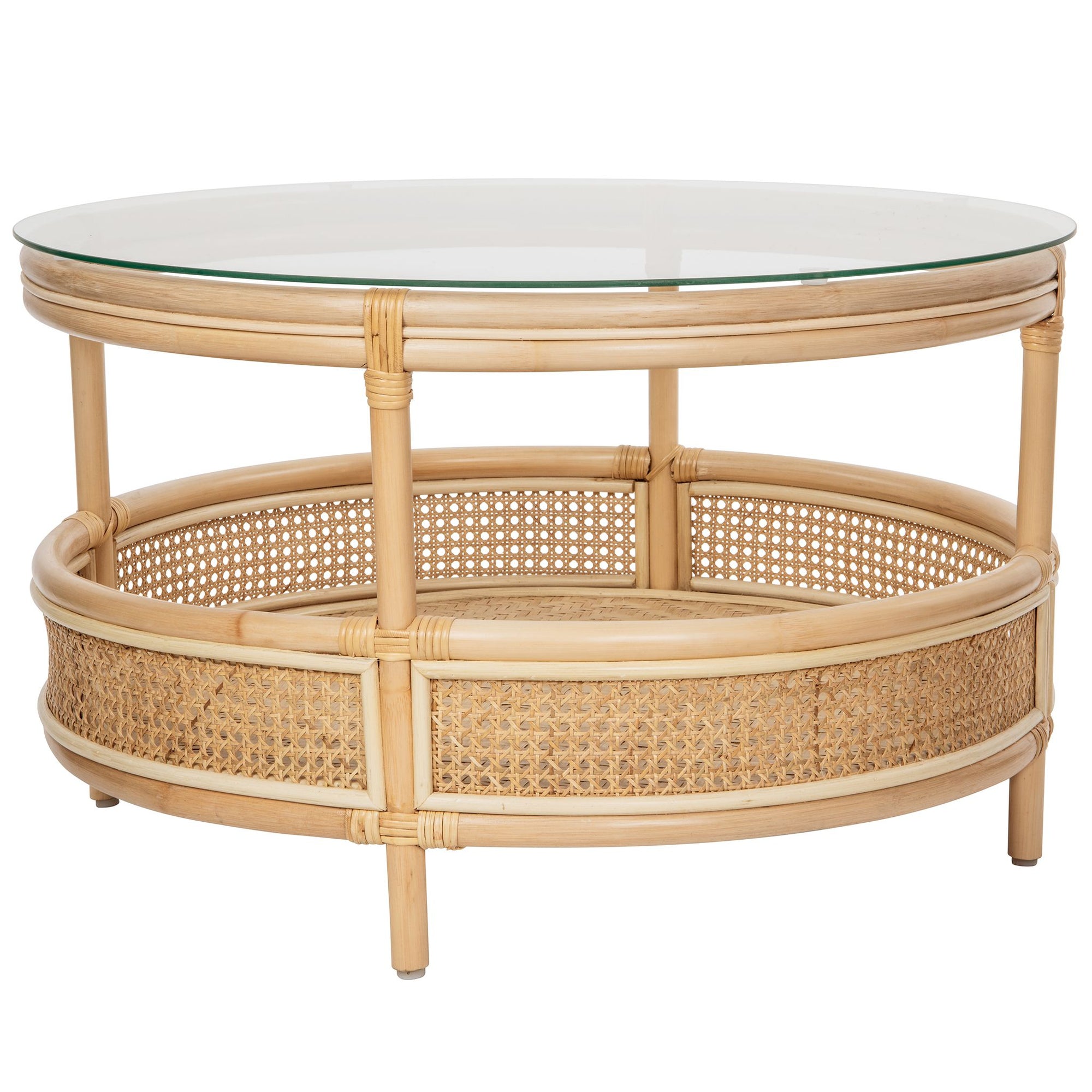 Latitude Rattan Cane Round 2-Tier Open Shelf Coffee Table with Glass Top, Natural