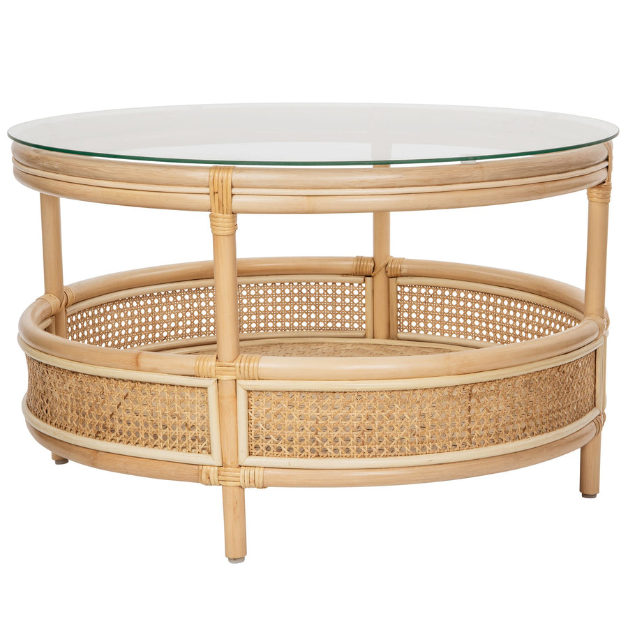 Latitude Rattan Cane Round 2-Tier Open Shelf Coffee Table with Glass Top, Natural