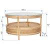 Latitude Rattan Cane Round 2-Tier Open Shelf Coffee Table with Glass Top, Natural