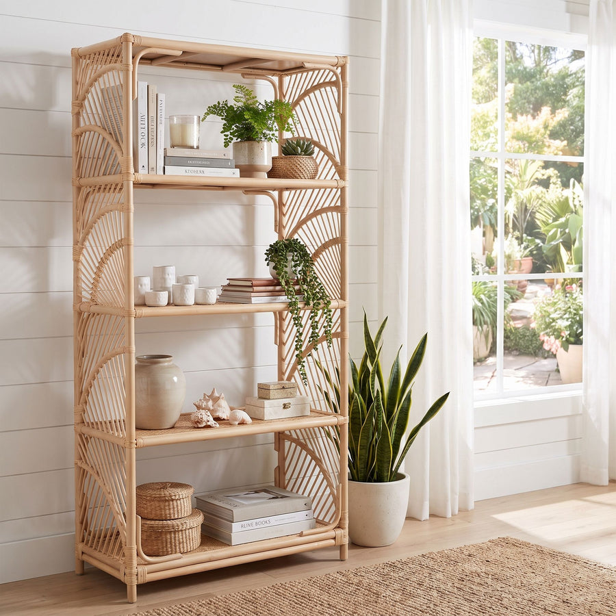 Sunrise Natural Rattan Bookshelf with 4 Shelves - Freestanding Display Shelving Unit -  Storage Bookshelf