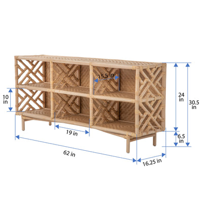 Chippendale Rattan Bookshelf & Console Table with 6 Slots for Storage - Freestanding Display Unit with Fixed Shelves