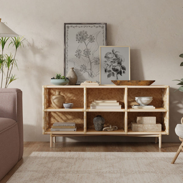 Chippendale Rattan Bookshelf & Console Table with 6 Slots for Storage