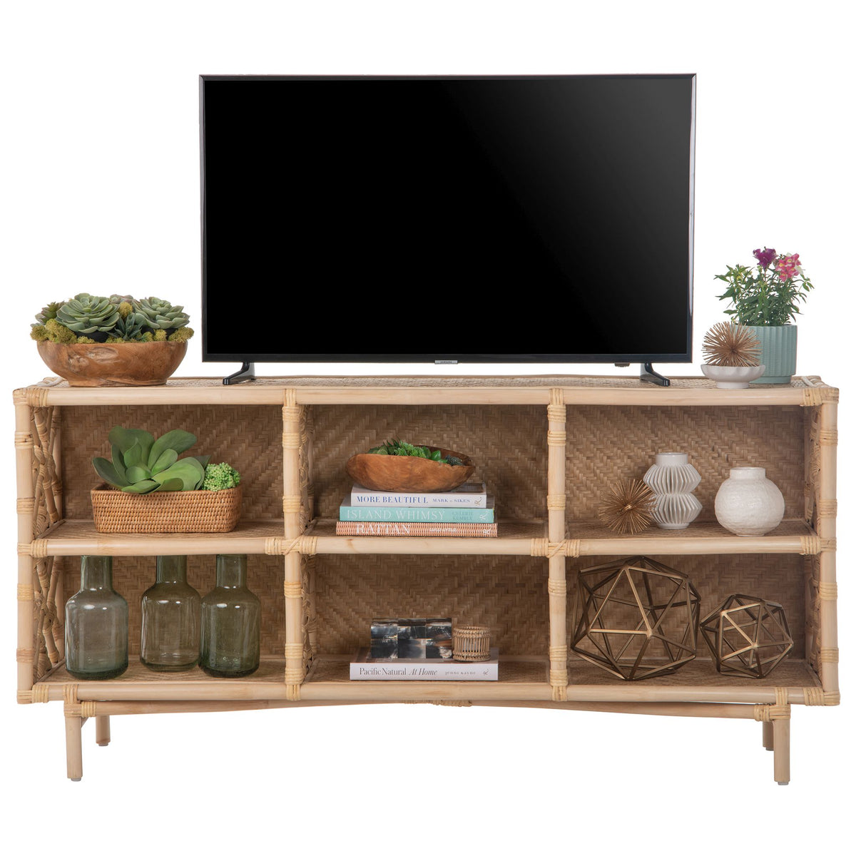 Chippendale Rattan Bookshelf & Console Table with 6 Slots for Storage - Freestanding Display Unit with Fixed Shelves