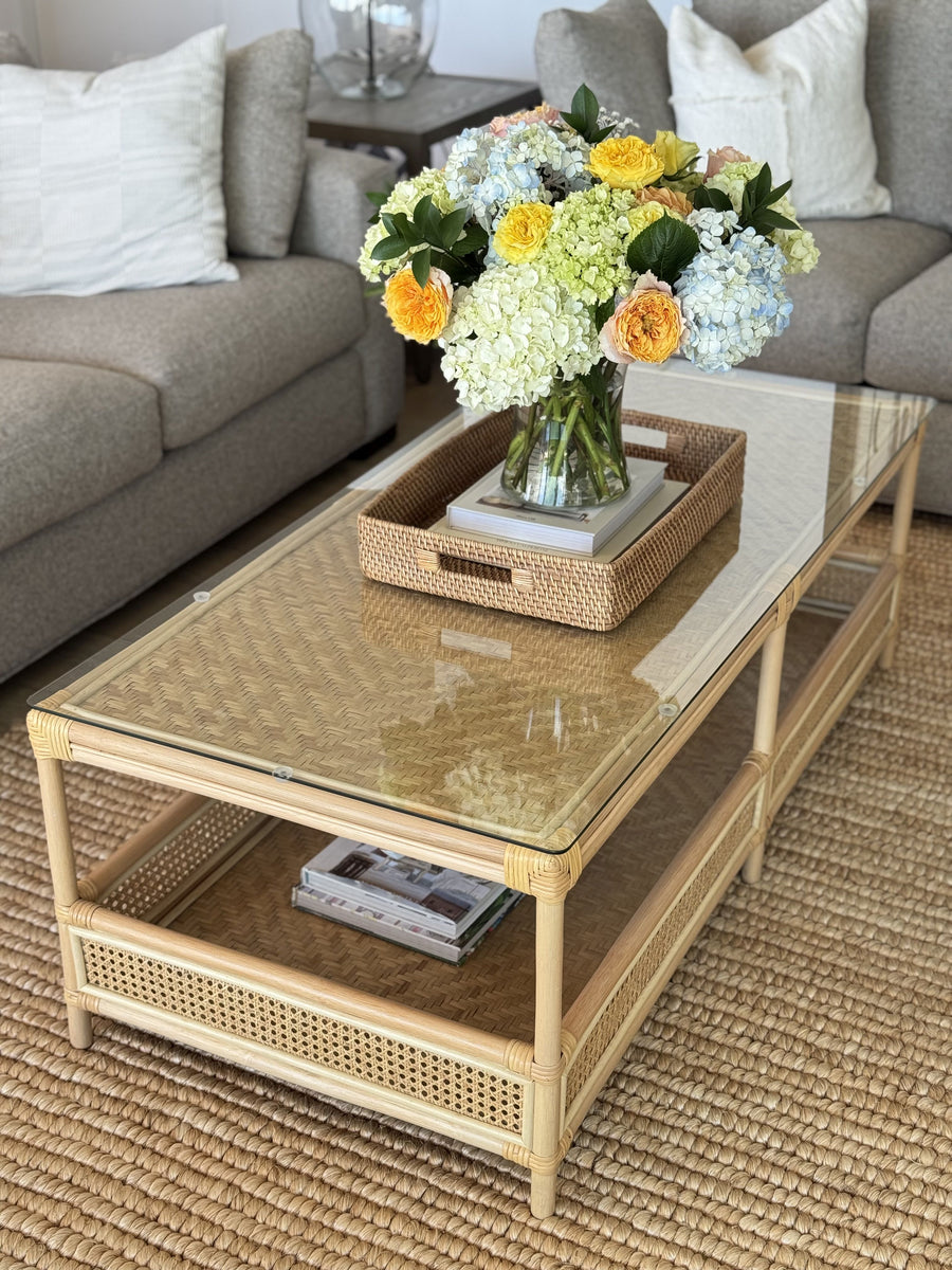 Latitude Rattan Cane 2-Tier Open Shelf Rectangular Coffee Table with Glass Top, Natural