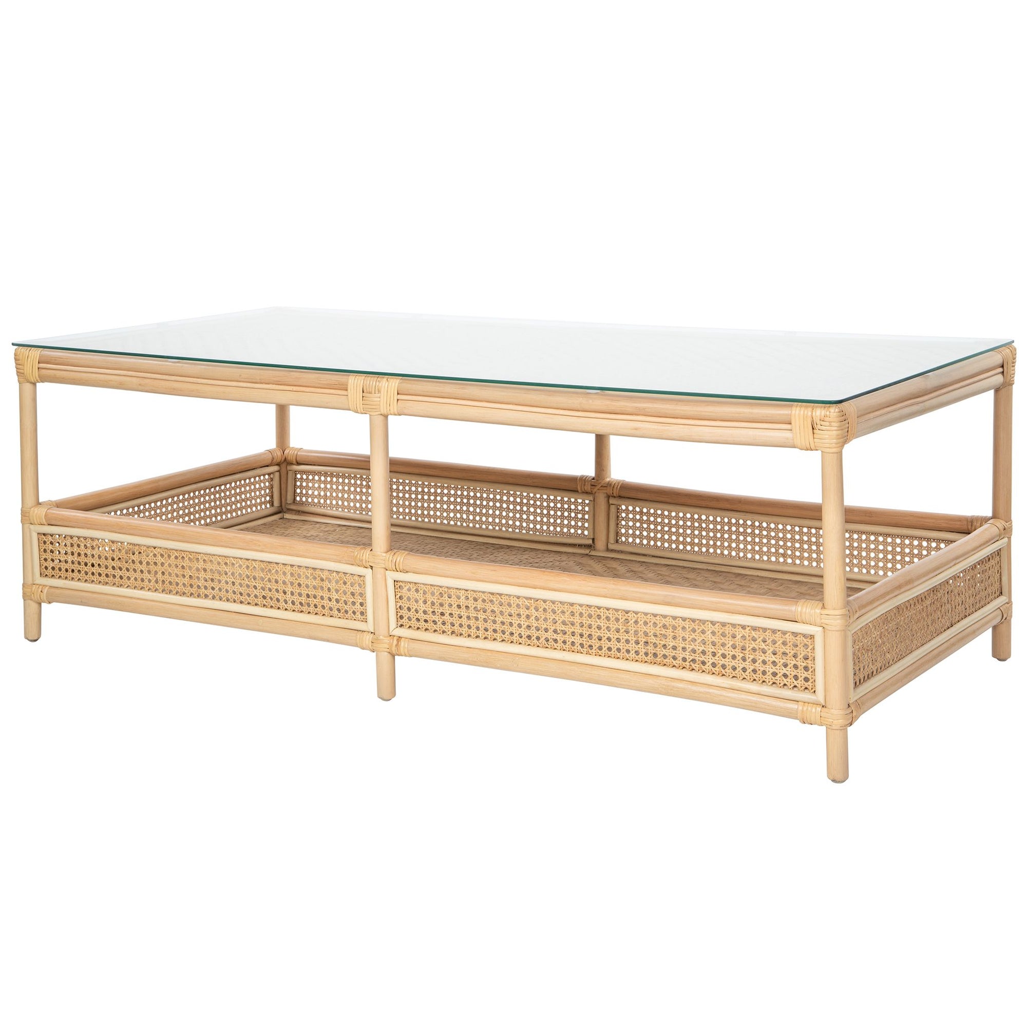 Latitude Rattan Cane 2-Tier Open Shelf Rectangular Coffee Table with Glass Top, Natural
