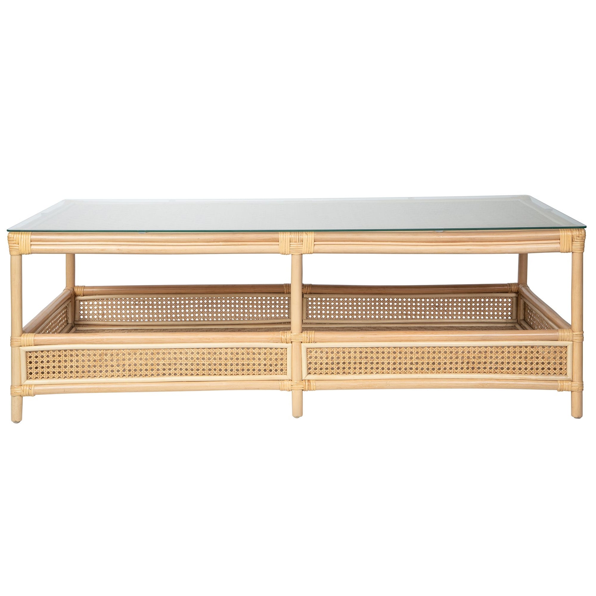 Latitude Rattan Cane 2-Tier Open Shelf Rectangular Coffee Table with Glass Top, Natural