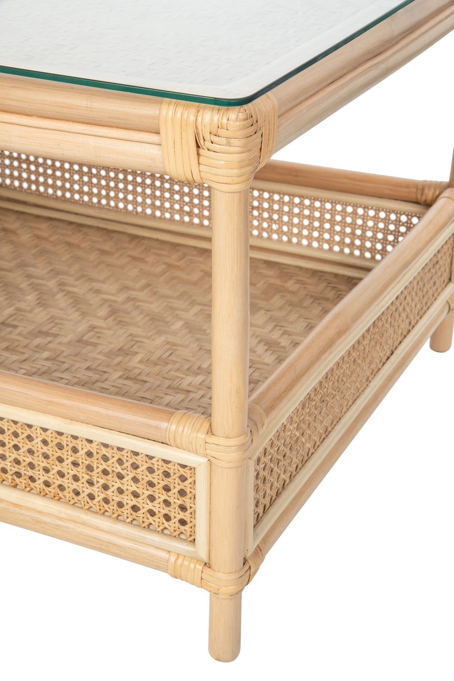 Latitude Rattan Cane 2-Tier Open Shelf Rectangular Coffee Table with Glass Top, Natural