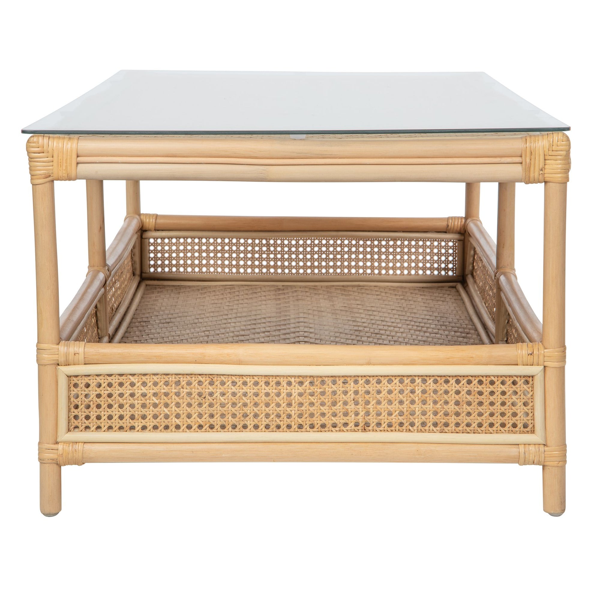 Latitude Rattan Cane 2-Tier Open Shelf Rectangular Coffee Table with Glass Top, Natural