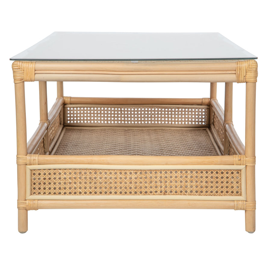 Latitude Rattan Cane 2-Tier Open Shelf Rectangular Coffee Table with Glass Top, Natural