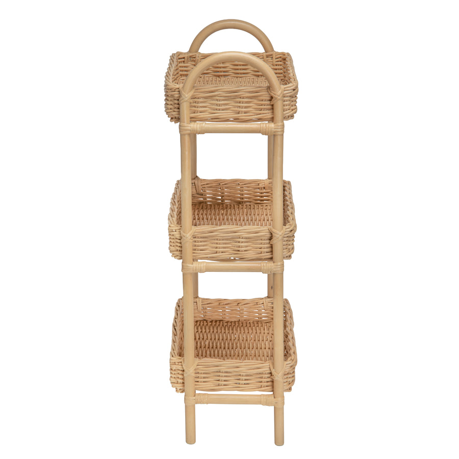 Rattan Three Tier Storage Basket Stand and Shelving Unit, Natural