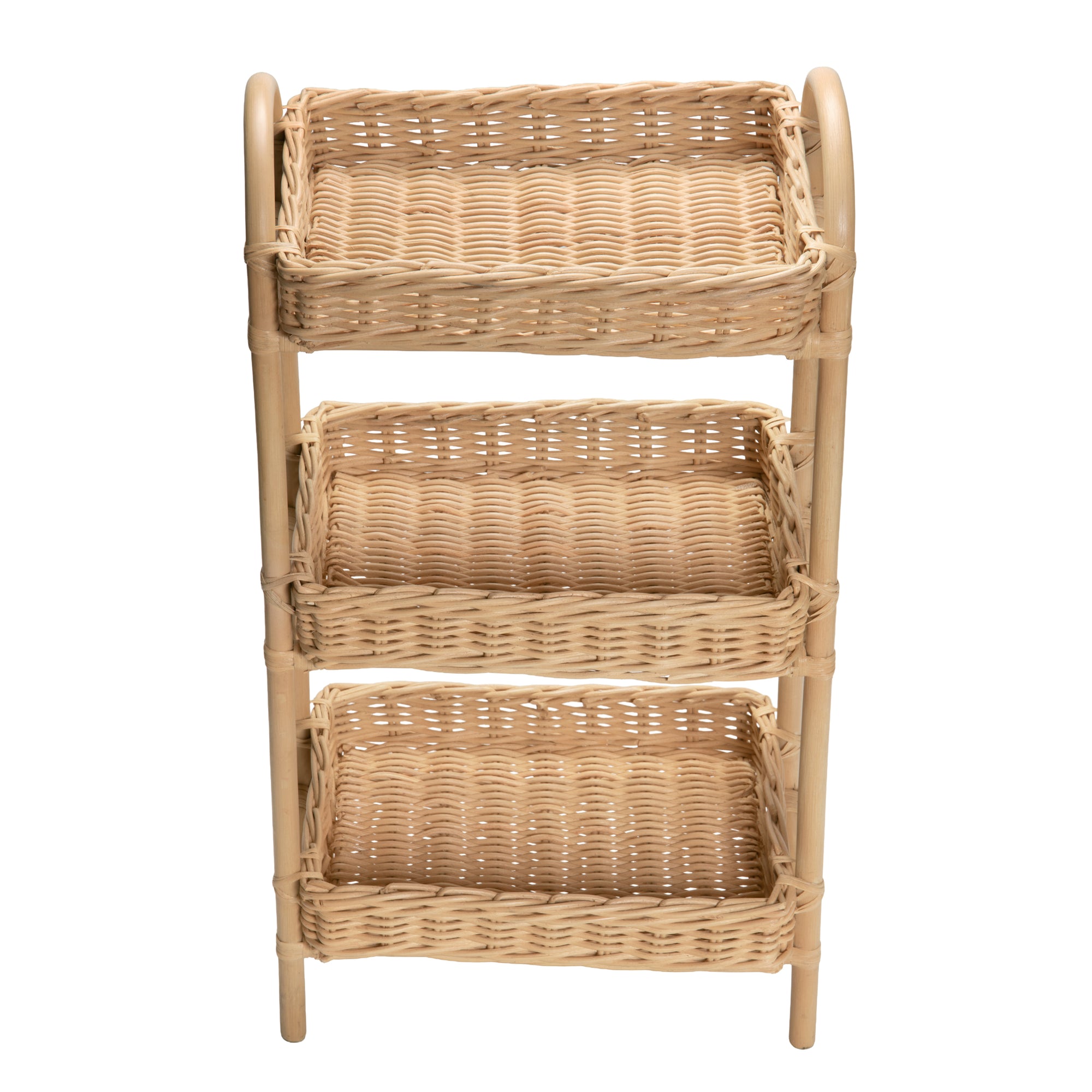 Rattan Three Tier Storage Basket Stand and Shelving Unit, Natural