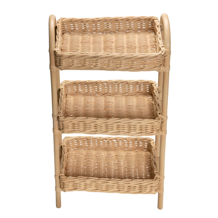 Rattan Three Tier Storage Basket Stand and Shelving Unit, Natural