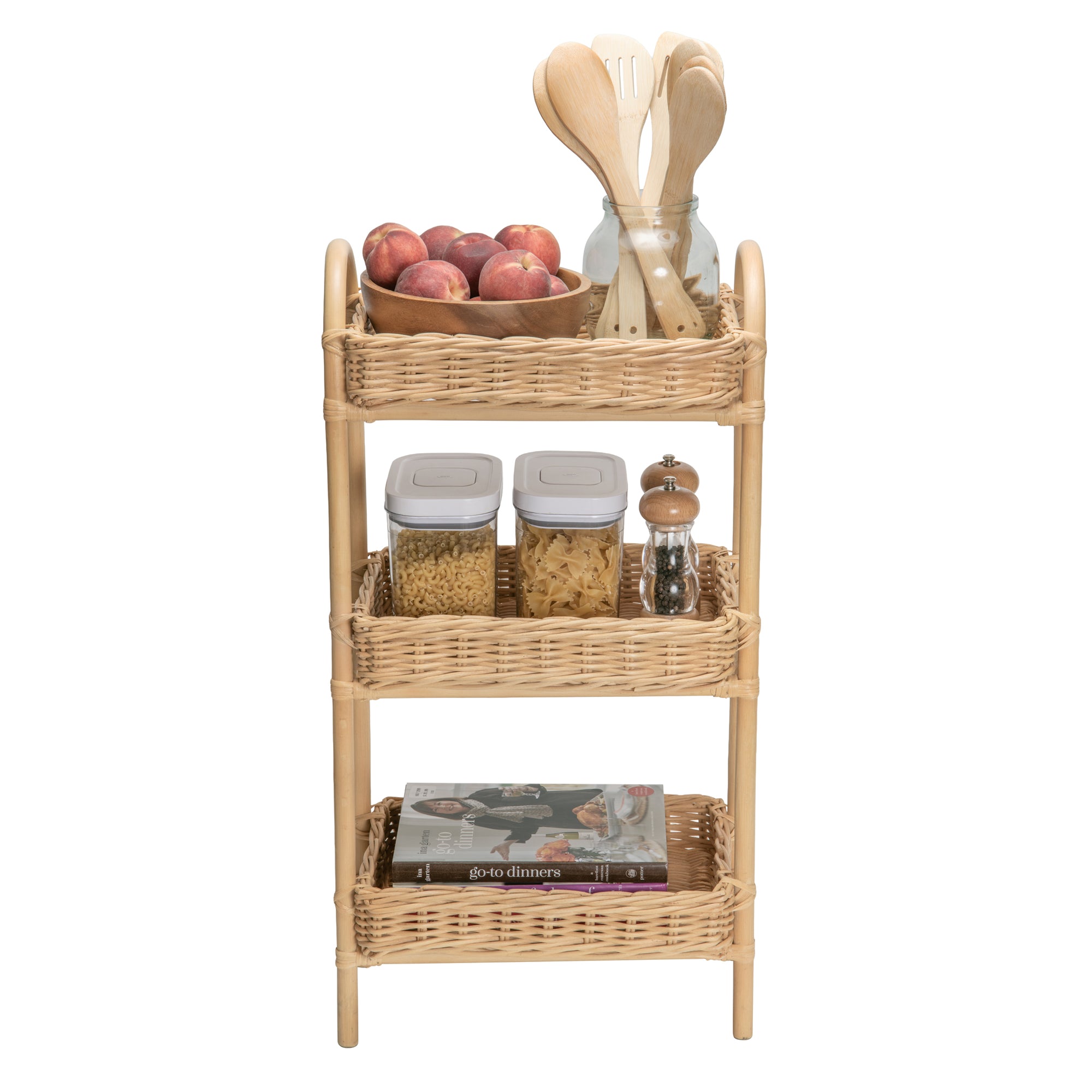 Rattan Three Tier Storage Basket Stand and Shelving Unit, Natural