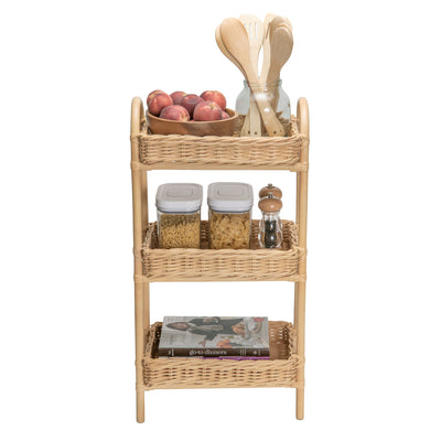 Rattan Three Tier Storage Basket Stand and Shelving Unit, Natural