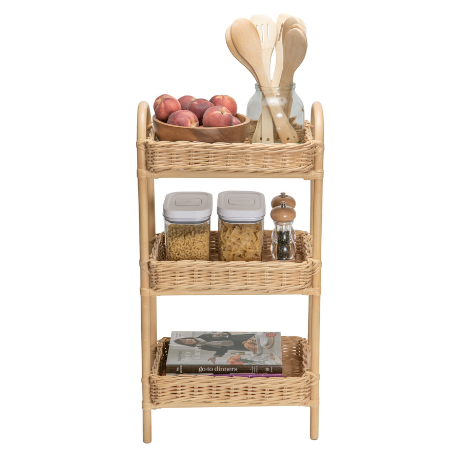 Rattan Three Tier Storage Basket Stand and Shelving Unit, Natural