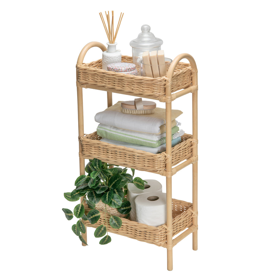 Rattan Three Tier Storage Basket Stand and Shelving Unit, Natural