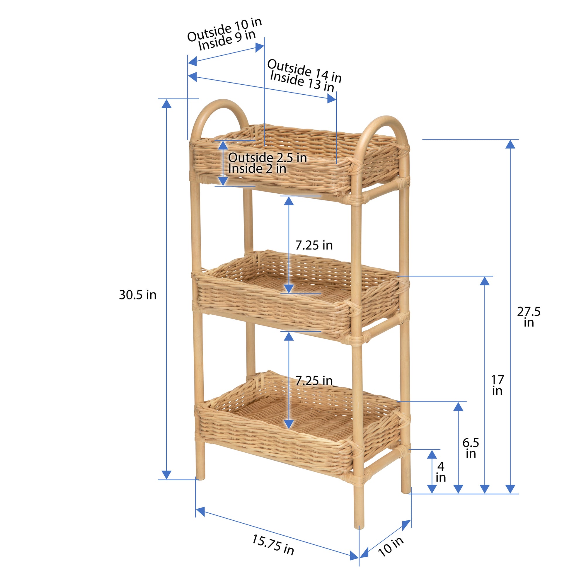 Rattan Three Tier Storage Basket Stand and Shelving Unit, Natural