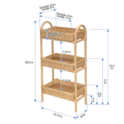 Rattan Three Tier Storage Basket Stand and Shelving Unit, Natural