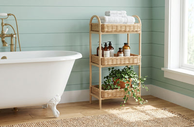Rattan Three Tier Storage Basket Stand and Shelving Unit, Natural